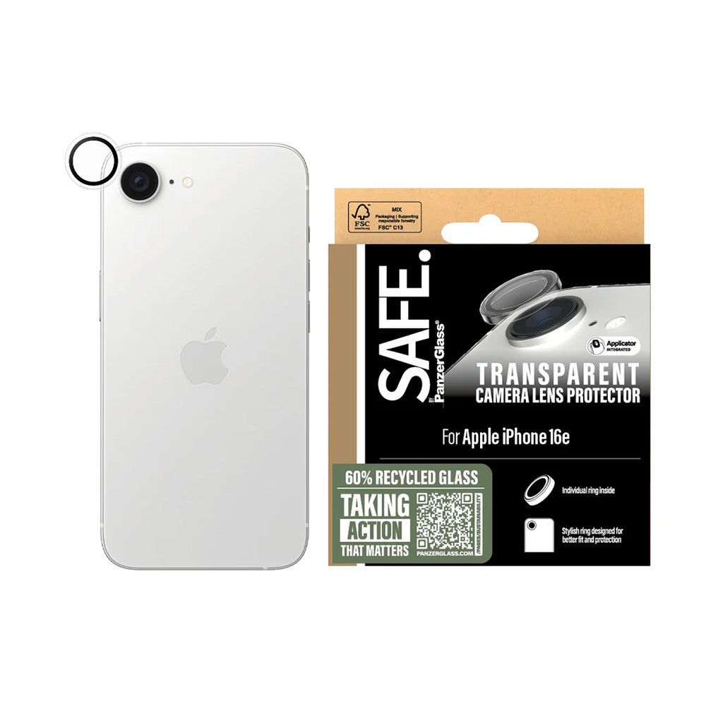 PanzerGlass Safe -takakameran suojakalvo Apple iPhone 17e / 16e -puhelimille, karkaistu lasi, läpinäkyvä.