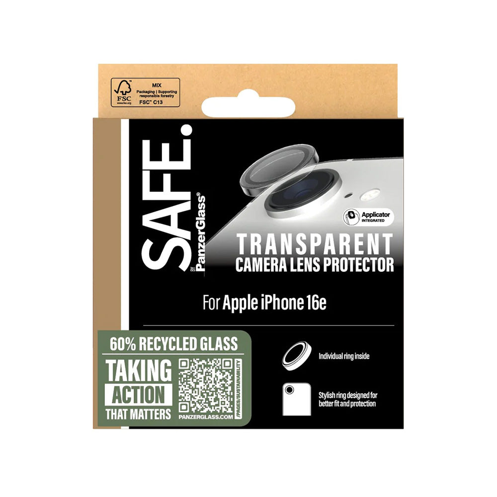 PanzerGlass Safe -takakameran suojakalvo Apple iPhone 17e / 16e -puhelimille, karkaistu lasi, läpinäkyvä.