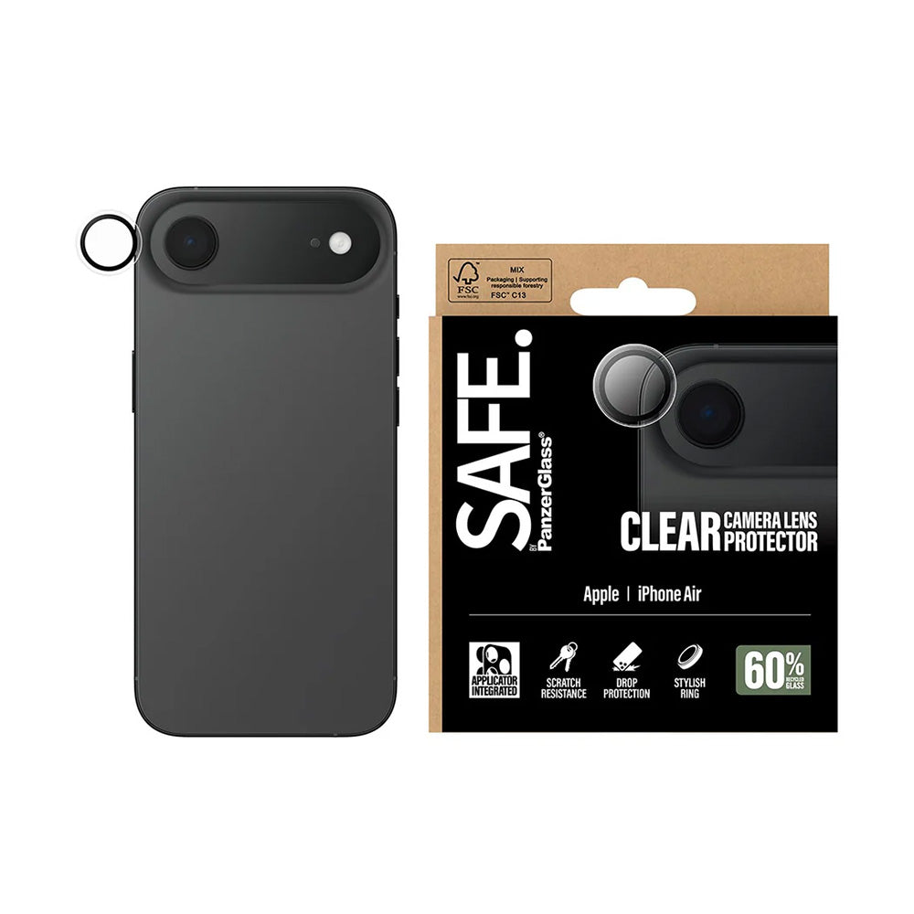 PanzerGlass Safe takakameran suojakalvo Apple iPhone 17 Air:lle, karkaistu lasi, läpinäkyvä.
