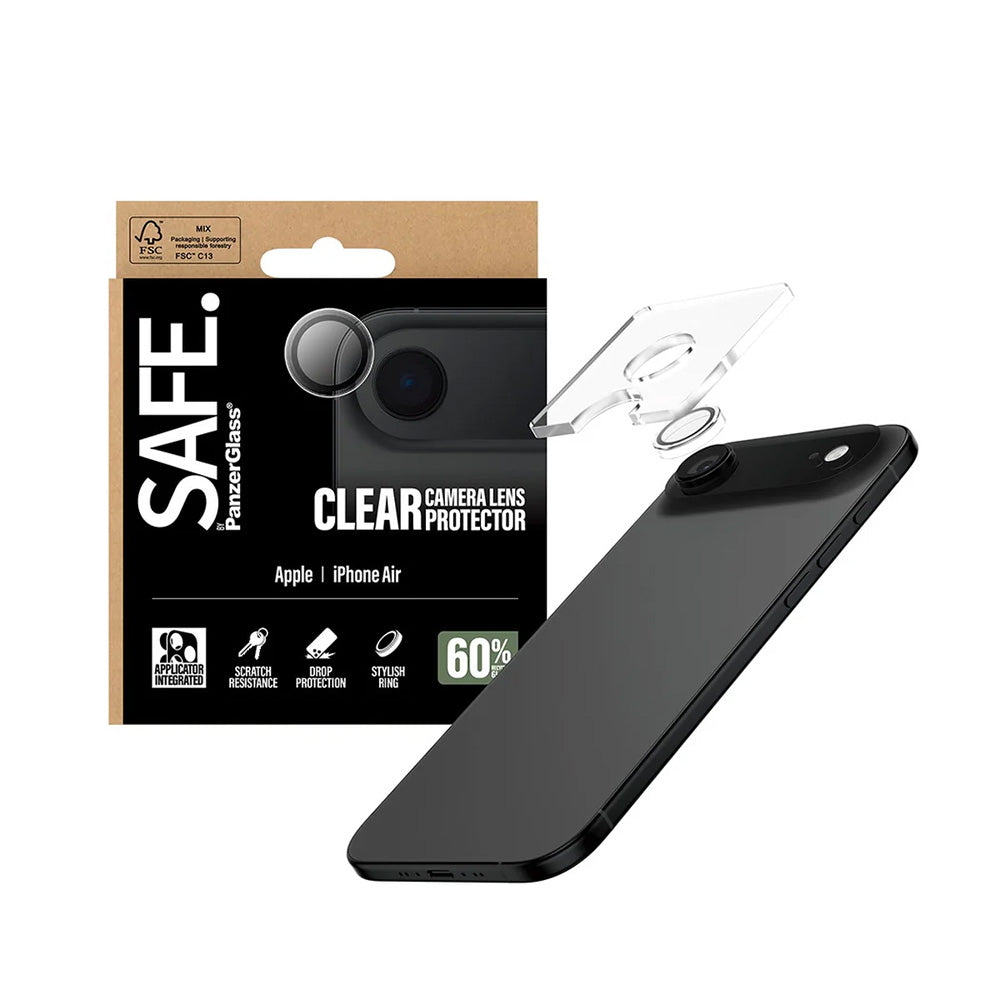 PanzerGlass Safe takakameran suojakalvo Apple iPhone 17 Air:lle, karkaistu lasi, läpinäkyvä.