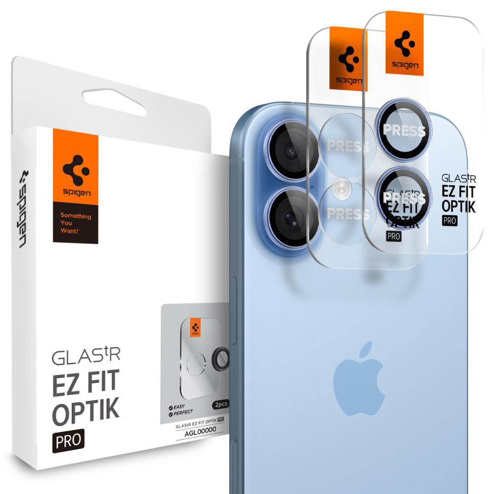 Takakameran suojakalvo Spigen GlastR EZ FIT Optik Pro Apple iPhone 17 / 16 Plus / 16:lle, karkaistu lasi, 2 kappaleen setti, sininen