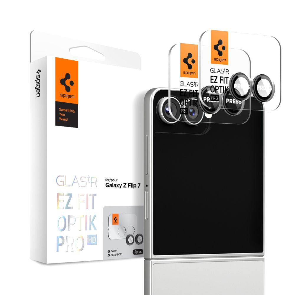 Takakameran suojakalvo Spigen GlastR EZ FIT Optik Pro HD Samsung Galaxy Z Flip7 F766:lle, Karkaistu lasi, 2 kappaleen setti, Musta AGL09587