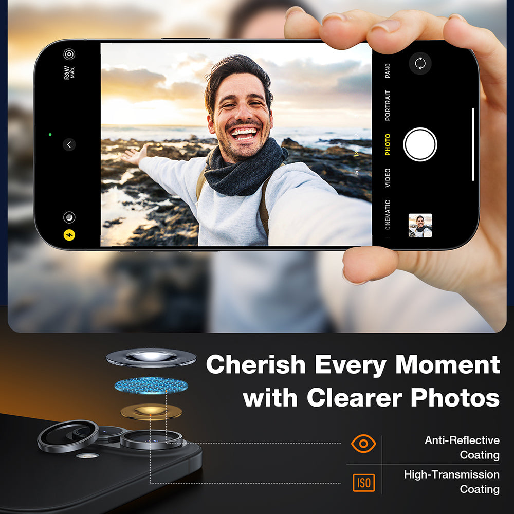 Torras Lensguard -takakameran suojakalvo Apple iPhone 16 Plus / 16, karkaistu lasi, musta