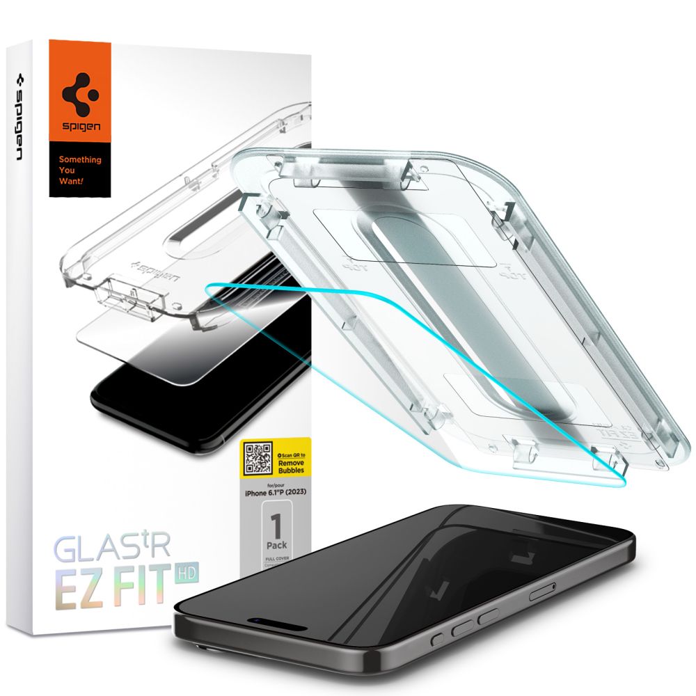 Spigen GlastR EZ FIT HD -suojakalvo Apple iPhone 15 Prolle, Panssarilasi, Täysliima, 2.5D AGL06898