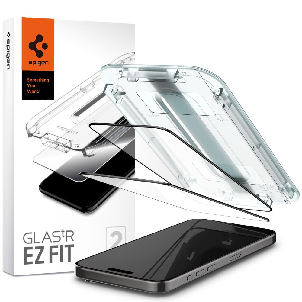 Spigen GlastR EZ FIT -suojakalvo Apple iPhone 15 Prolle, Panssarilasi, Täysliima, 2 kappaleen setti, Musta AGL06893