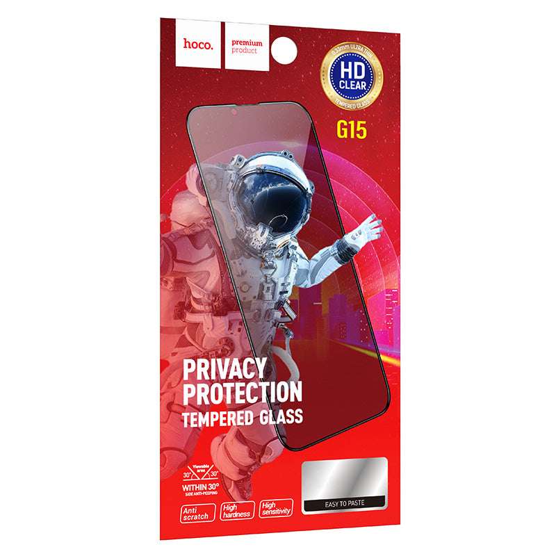 Näytönsuoja Privacy HOCO G15 Apple iPhone 15 Prolle, Panssarilasi, Täysliima, 5D