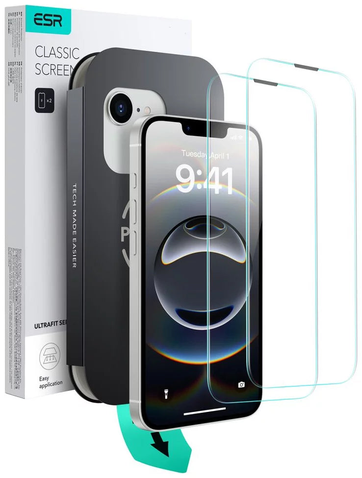 ESR Ultrafit -näytönsuojakalvo Apple iPhone 17e / 16e / 14 / 13 Pro -puhelimille, Panssarilasi, Täysliima, 2 kappaleen setti