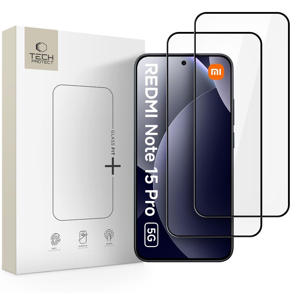 Tech-Protect FIT+ suojakalvo Xiaomi Redmi Note 15 Pro 5G -puhelimelle, Panssarilasi, Täysliima, 2 kappaleen setti, 2.5D, Musta