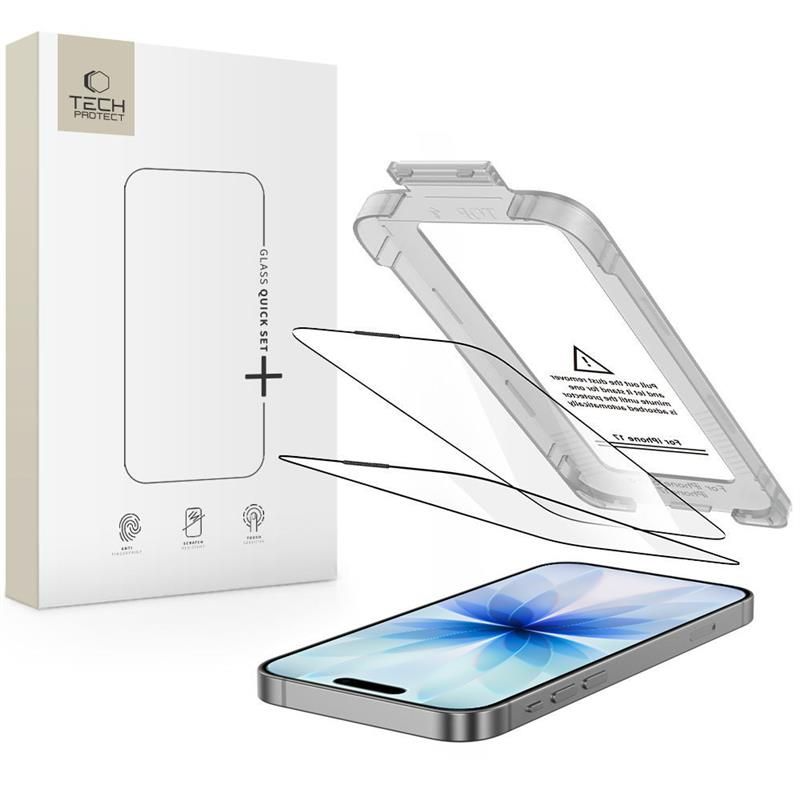 Tech-Protect Quick Set+ suojakalvo Apple iPhone 17:lle, Panssarilasi, Täysliima, 2 kappaleen setti, Musta