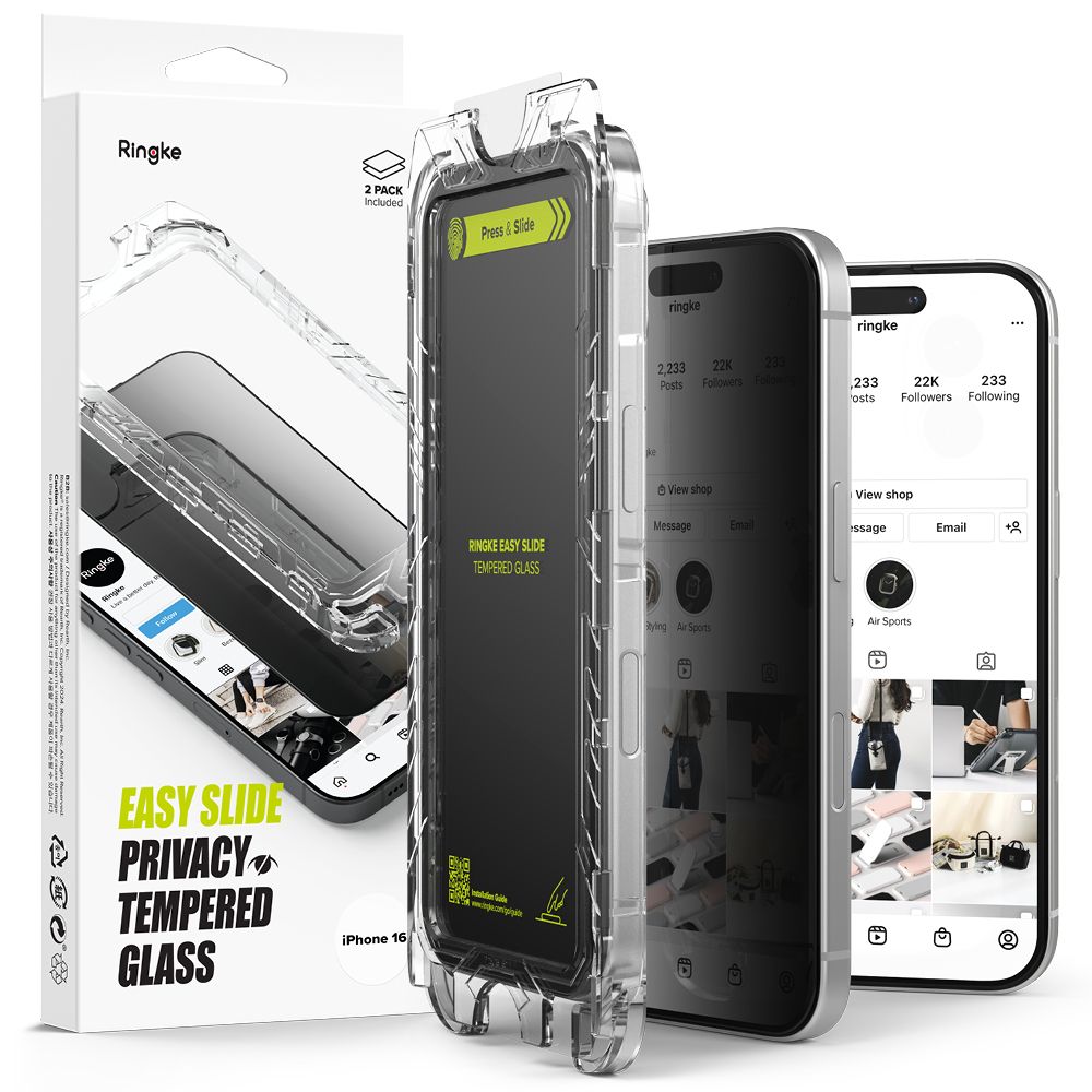 Näytön suojakalvo Ringke Easy Slide Privacy Apple iPhone 16 / 15 -puhelimille, Karkaistu lasi, Täysliima, 2 kappaleen setti