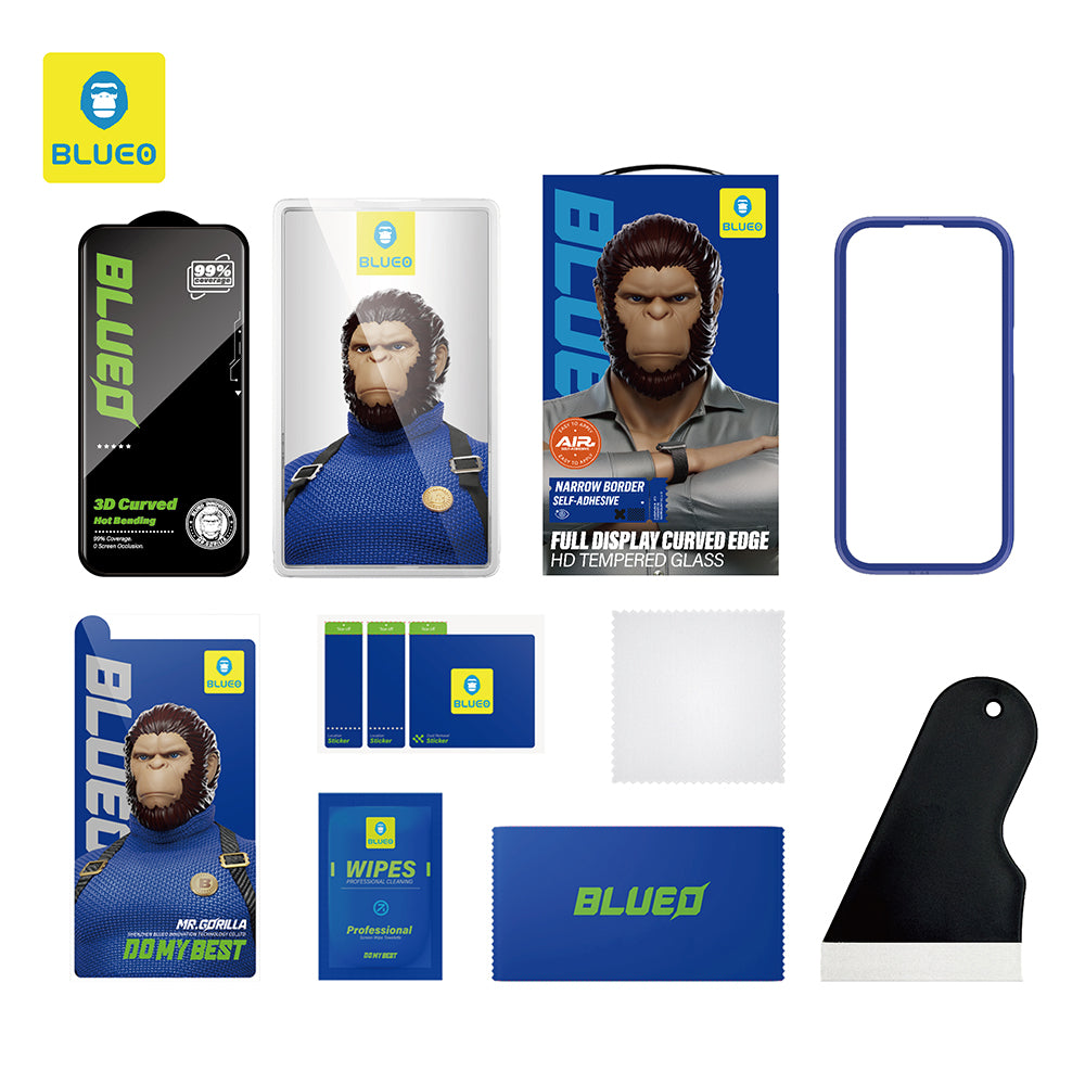 Blueo HD -näytönsuoja Apple iPhone 16 Prolle, karkaistu lasi, täysiliimainen, 3D, musta