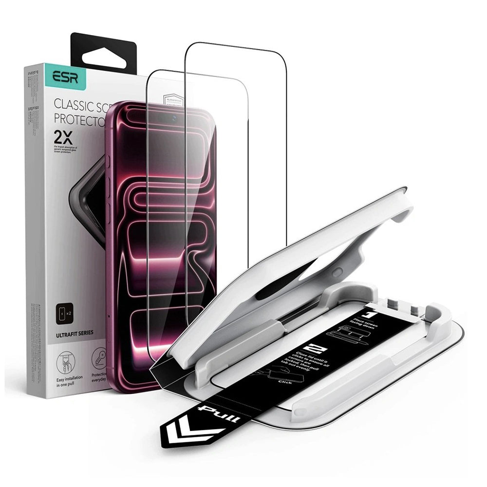 ESR UltraFit Classic -näytönsuoja Apple iPhone 18 Pro Max / 17 Pro Max -puhelimelle, karkaistu lasi, täysiliimainen, 2 kappaleen setti, musta