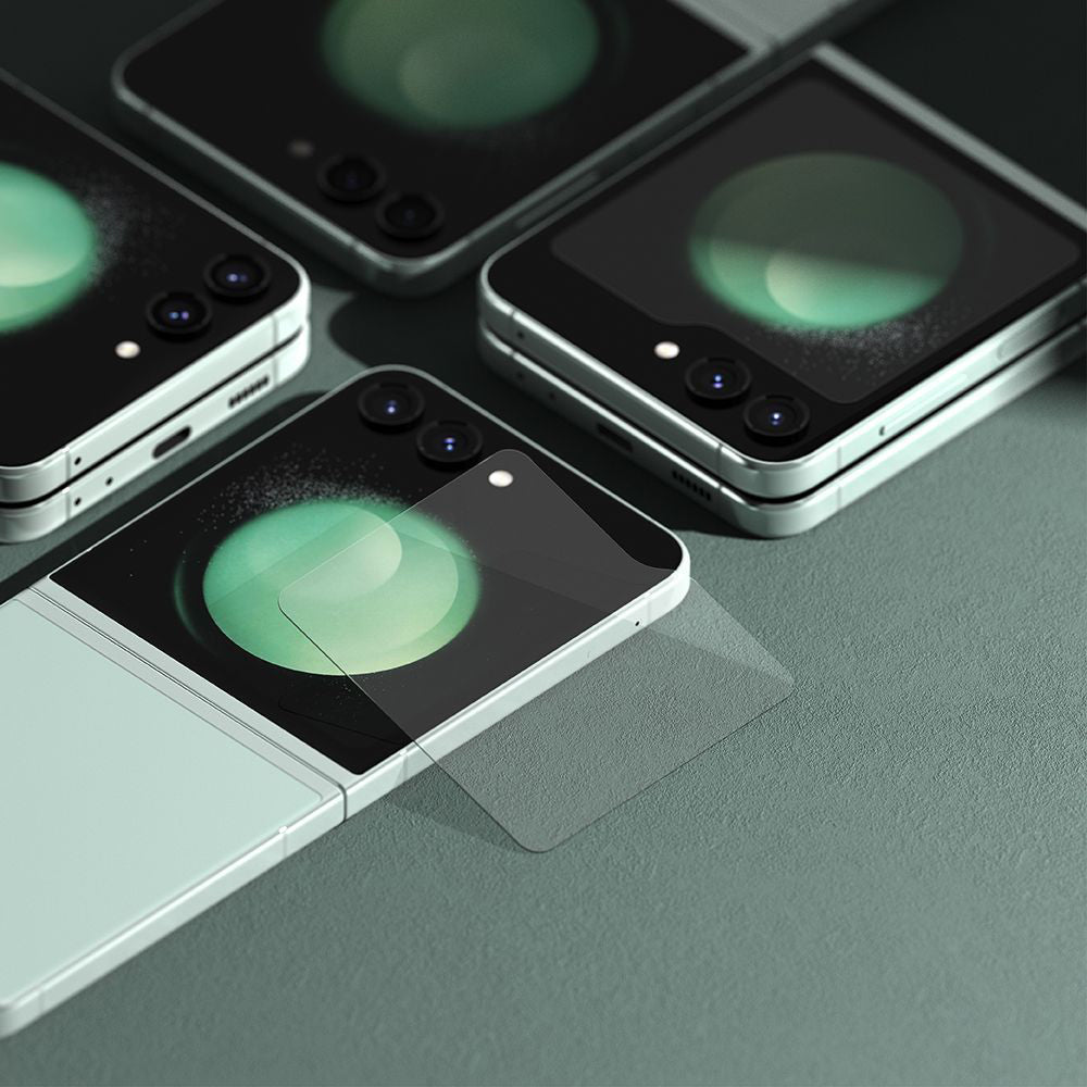 Ringke ulkoinen näytönsuojakalvo Samsung Galaxy Z Flip5 F731:lle, karkaistu lasi, täysliima, 2 kappaleen setti.
