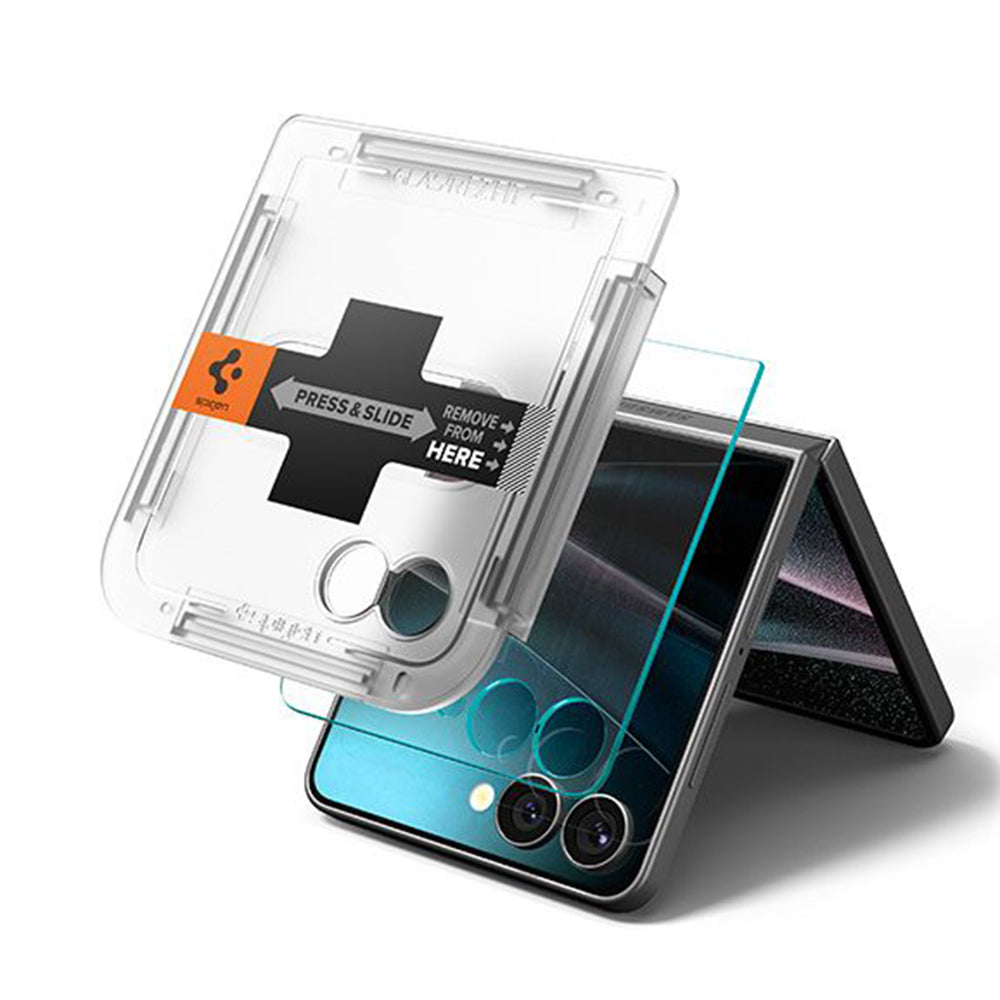 Spigen GlastR EZ FIT ulkoinen näytönsuojakalvo Samsung Galaxy Z Flip7 F766:lle, karkaistu lasi, täysliima, 2 kappaleen setti AGL09585