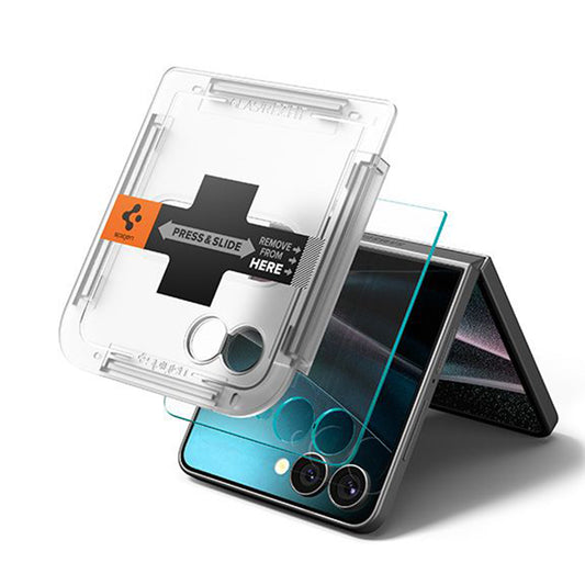 Spigen GlastR EZ FIT ulkoinen näytönsuojakalvo Samsung Galaxy Z Flip7 F766:lle, karkaistu lasi, täysliima, 2 kappaleen setti AGL09585