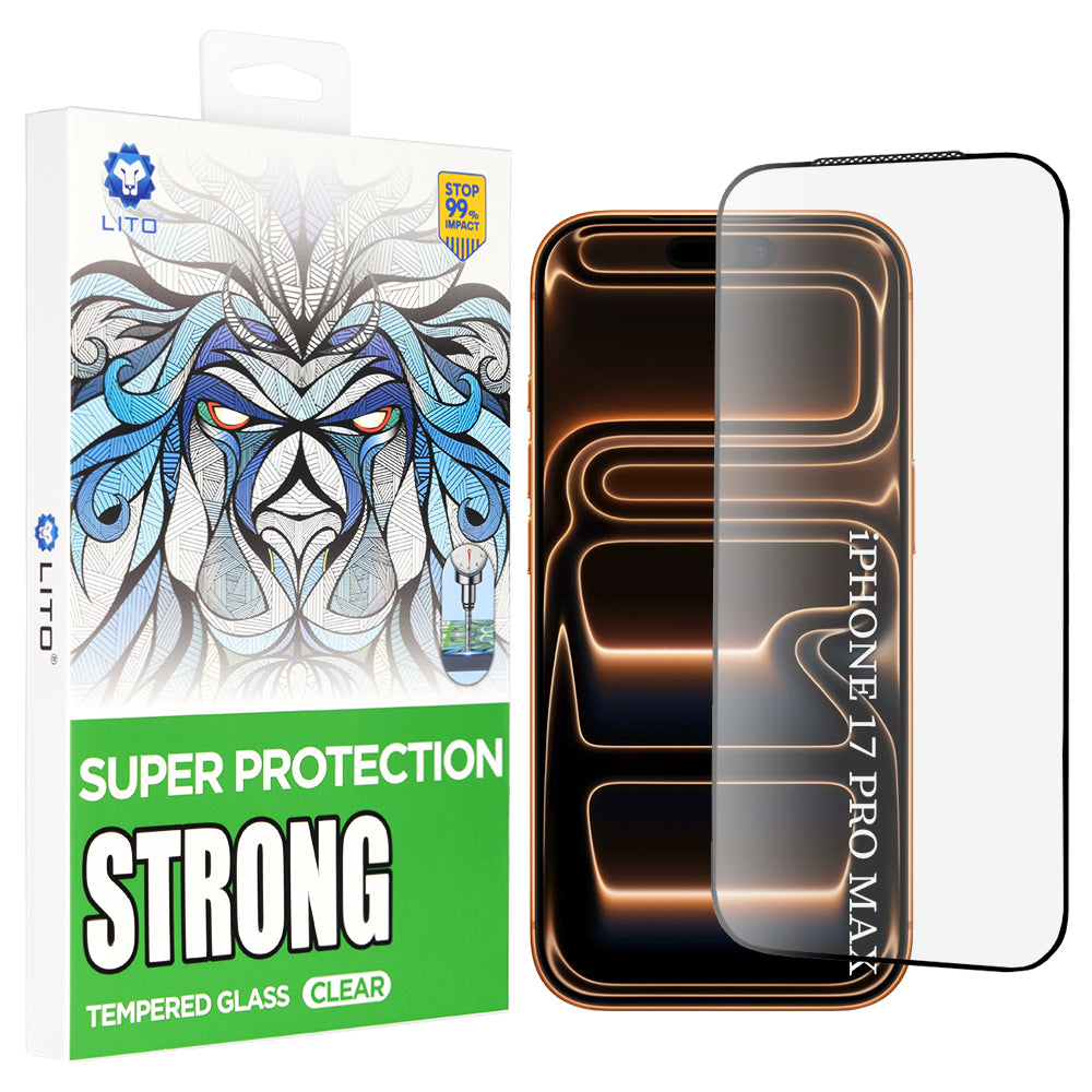 Suojakalvo Lito D+ Max Strong Apple iPhone 17 Pro Max -puhelimelle, Karkaistu lasi, Täysliima, Musta
