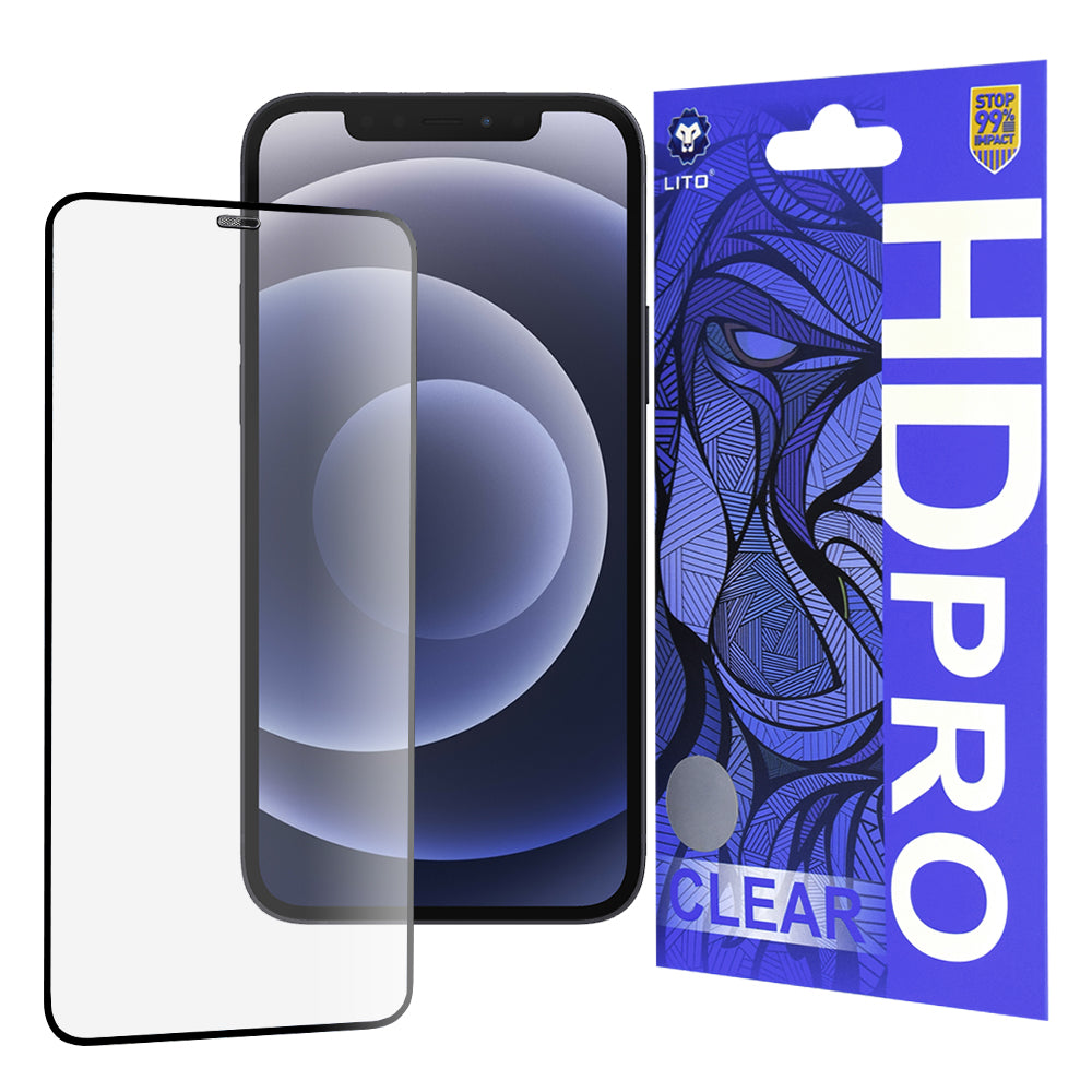 Lito HD Pro Clear näytönsuoja Apple iPhone 12 / 12 Pro:lle, karkaistu lasi, täysiliimainen, musta