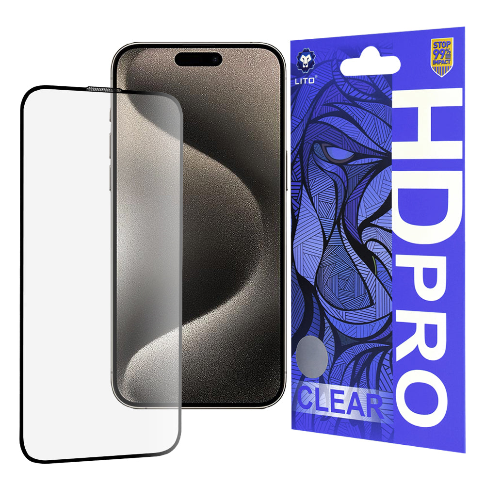 Lito HD Pro Clear -näytönsuoja Apple iPhone 15 Pro Maxille, karkaistu lasi, täysi liima, musta
