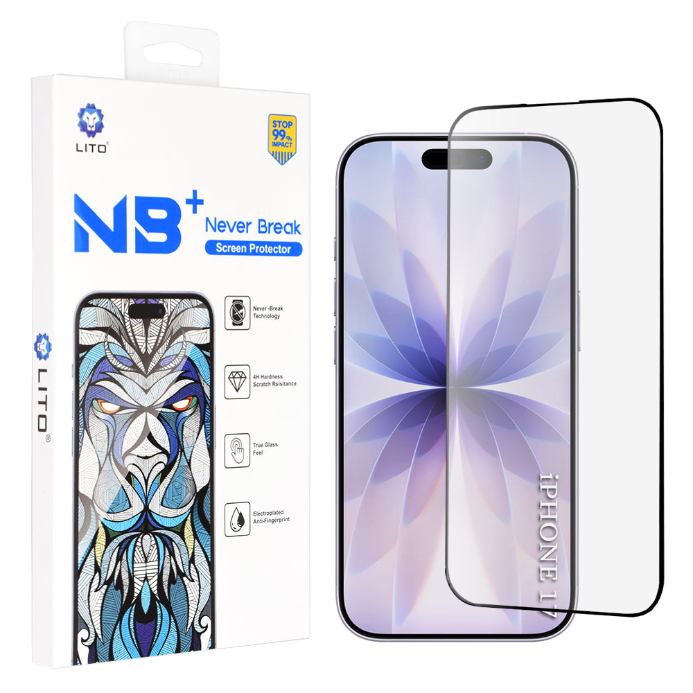 Lito NB näytönsuojakalvo Apple iPhone 17 / 16 Pro, karkaistu lasi, täysliima, musta