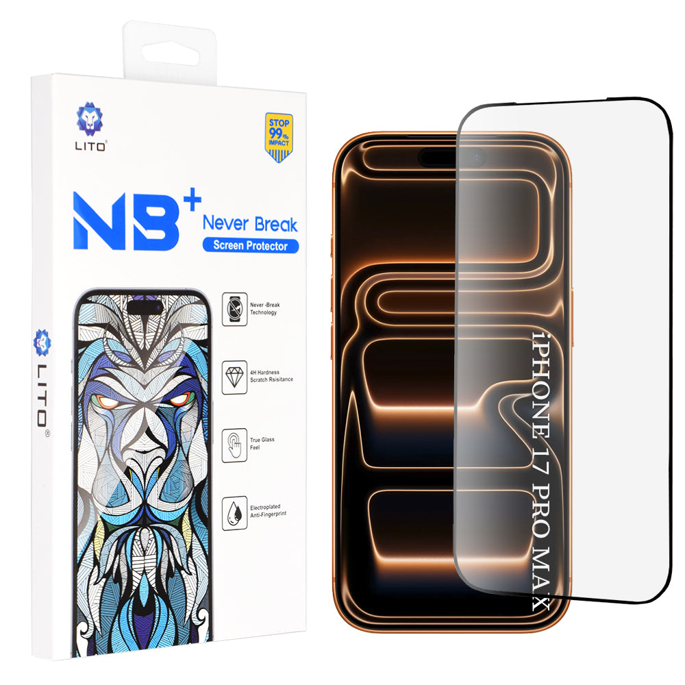 Lito NB näytönsuojakalvo Apple iPhone 17 Pro Max, karkaistu lasi, täysliima, musta