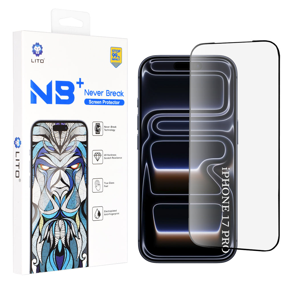 Lito NB näytönsuojakalvo Apple iPhone 17 Prolle, karkaistu lasi, täysliima, musta