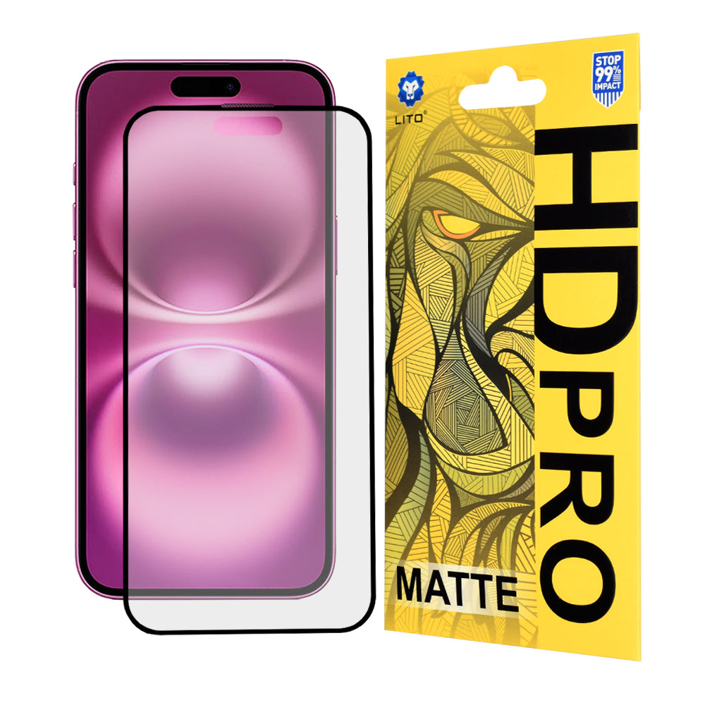 Lito HD Pro Matte -näytönsuoja Apple iPhone 16 Plusille, karkaistu lasi, täysiliimainen, musta