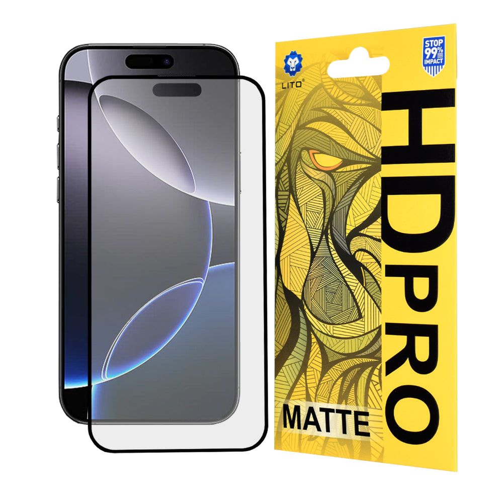 Lito HD Pro Matte -näytönsuoja Apple iPhone 16 Pro Maxille, karkaistu lasi, täysiliimainen, musta