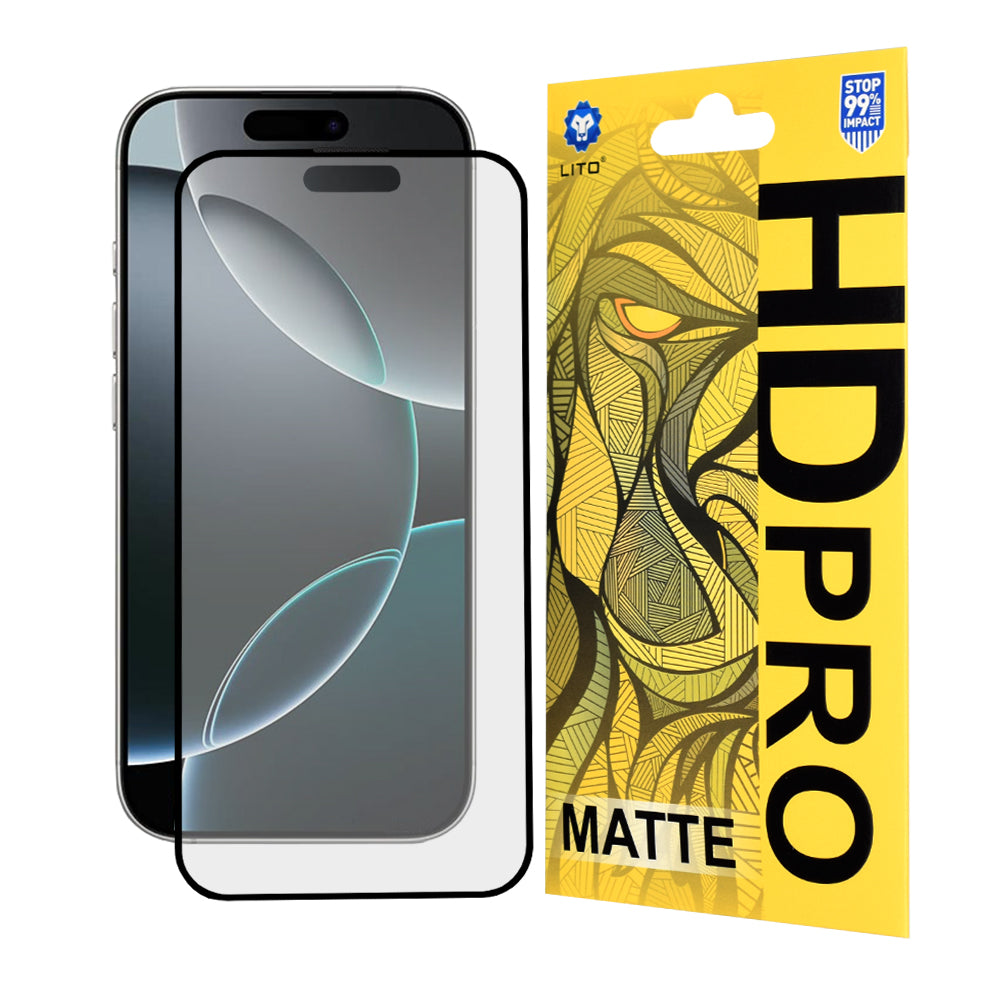 Lito HD Pro Matte -näytönsuoja Apple iPhone 16 Prolle, karkaistu lasi, täysiliimainen, musta