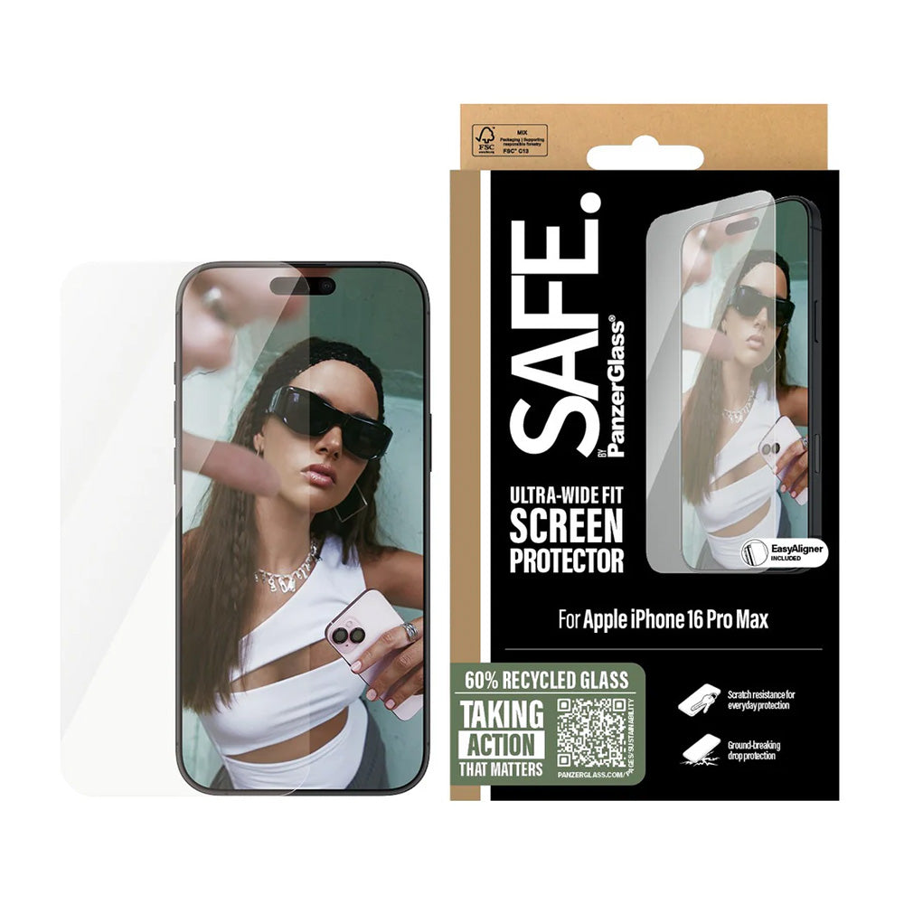 PanzerGlass Safe Screen Protector. Ultra-Wide Fit for Apple iPhone 16 Pro Max, Tempered Glass, Full Glue