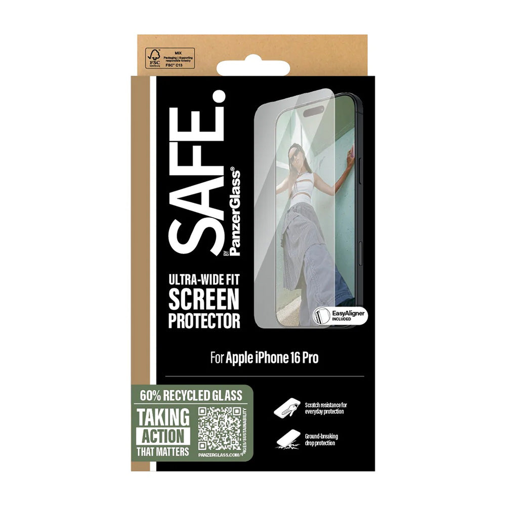 PanzerGlass Safe näytönsuojakalvo. Ultra-Wide Fit Apple iPhone 16 Prolle, Turvalasi, Full Glue