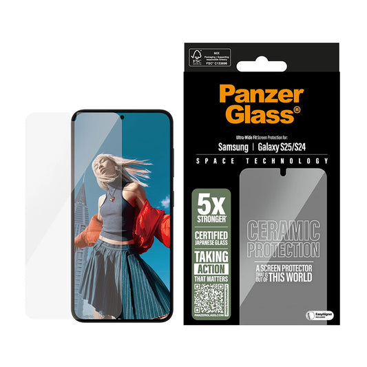 PanzerGlass Ultra-Wide Ceramic EasyAligner -suojakalvo Samsung Galaxy S25 S931 / S24 S921 -puhelimille, karkaistu lasi, täysliima