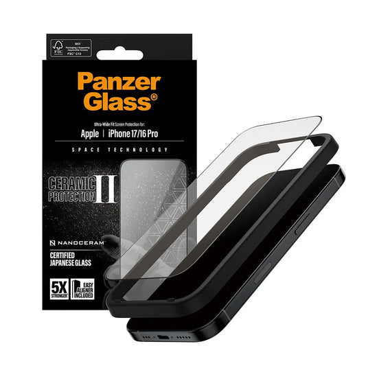 PanzerGlass Ultra-Wide Ceramic II EasyAligner -suojakalvo Apple iPhone 17 / 16 Pro -puhelimille, karkaistu lasi, täysliima, musta