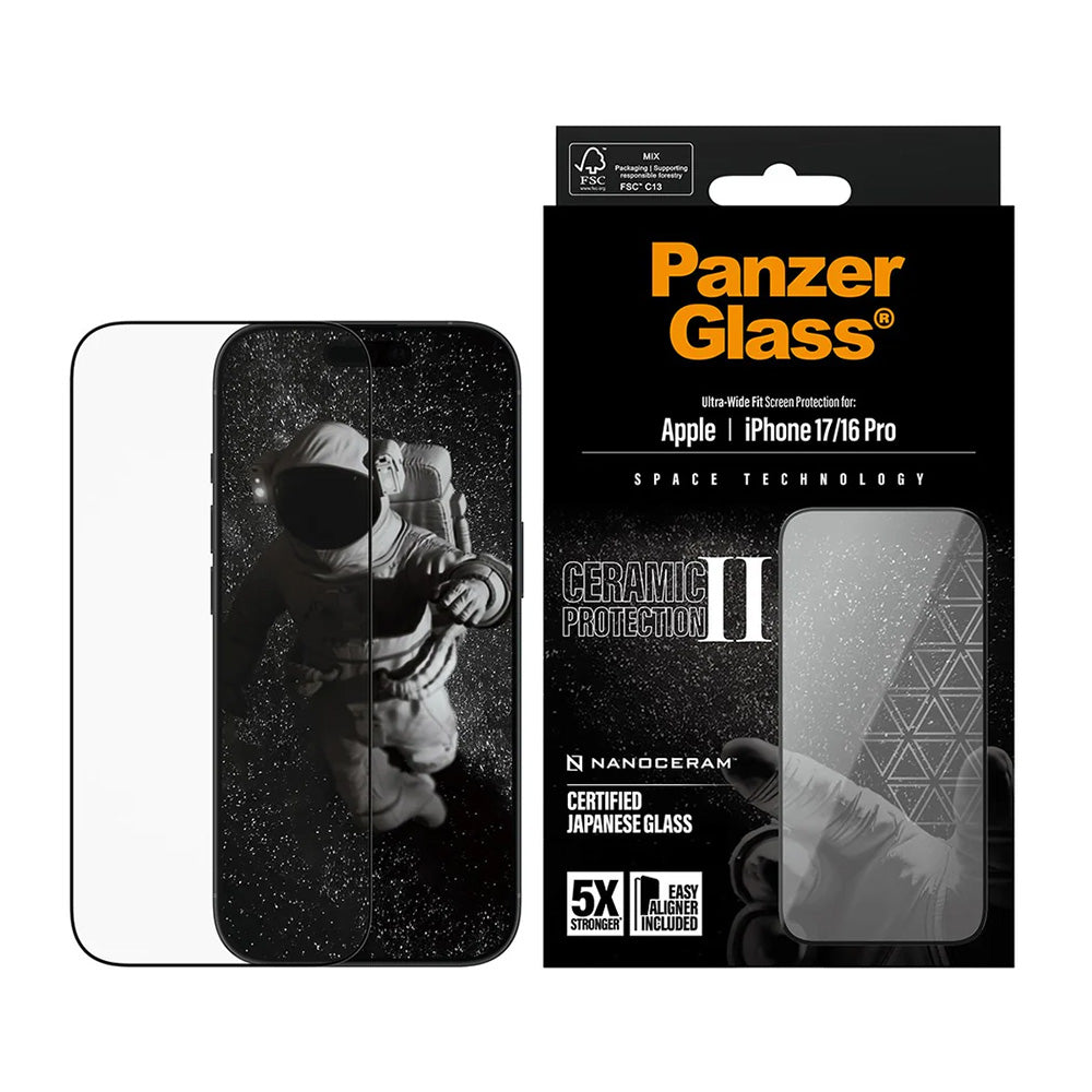 PanzerGlass Ultra-Wide Ceramic II EasyAligner -suojakalvo Apple iPhone 17 / 16 Pro -puhelimille, karkaistu lasi, täysliima, musta