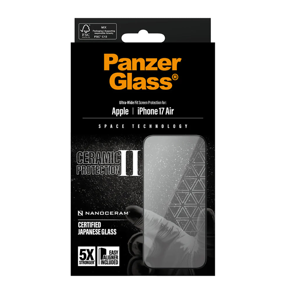 PanzerGlass Ultra-Wide Ceramic II EasyAligner -suojakalvo Apple iPhone 17 Airille, karkaistu lasi, täysliima, musta
