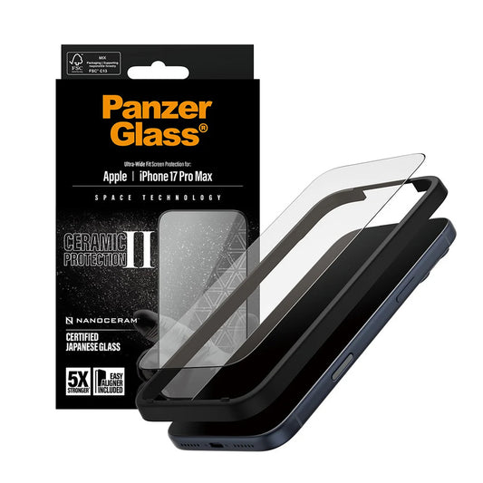 PanzerGlass Ultra-Wide Ceramic II EasyAligner -suojakalvo Apple iPhone 17 Pro Max -puhelimelle, karkaistu lasi, täysliima, musta