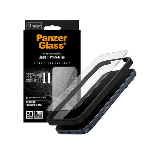 PanzerGlass Ultra-Wide Ceramic II EasyAligner -suojakalvo Apple iPhone 17 Prolle, karkaistu lasi, täysliima, musta