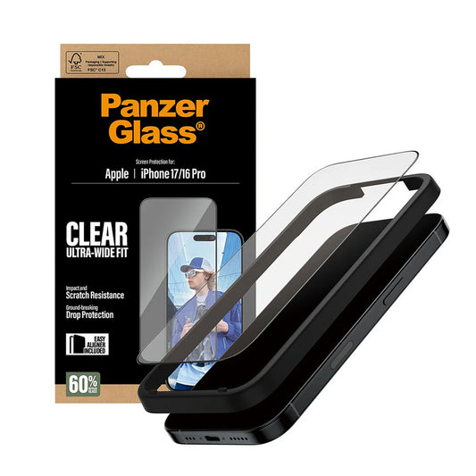PanzerGlass Ultra-Wide Fit EasyAligner -suojakalvo Apple iPhone 17 / 16 Pro -puhelimille, Turvalasi, Täysliima, Musta