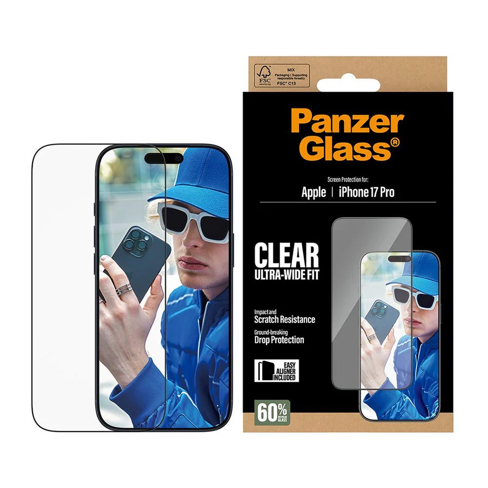 PanzerGlass Ultra-Wide Fit EasyAligner -suojakalvo Apple iPhone 17 Prolle, karkaistu lasi, täysliima, musta