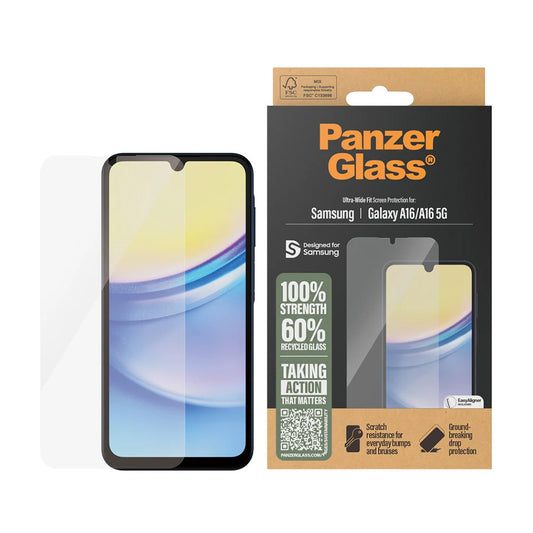 PanzerGlass Ultra-Wide Fit EasyAligner -suojakalvo Samsung Galaxy A16 5G A166 / A16 4G A165 -puhelimille, karkaistu lasi, täysliima