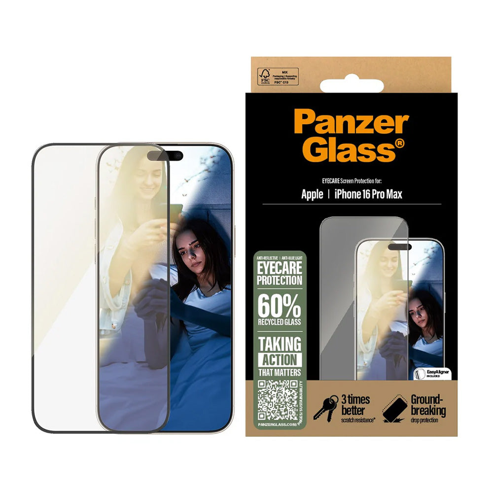 PanzerGlass Ultra-Wide Fit EyeCare -suojakalvo Apple iPhone 16 Pro Maxille, karkaistu lasi, täysliima, musta
