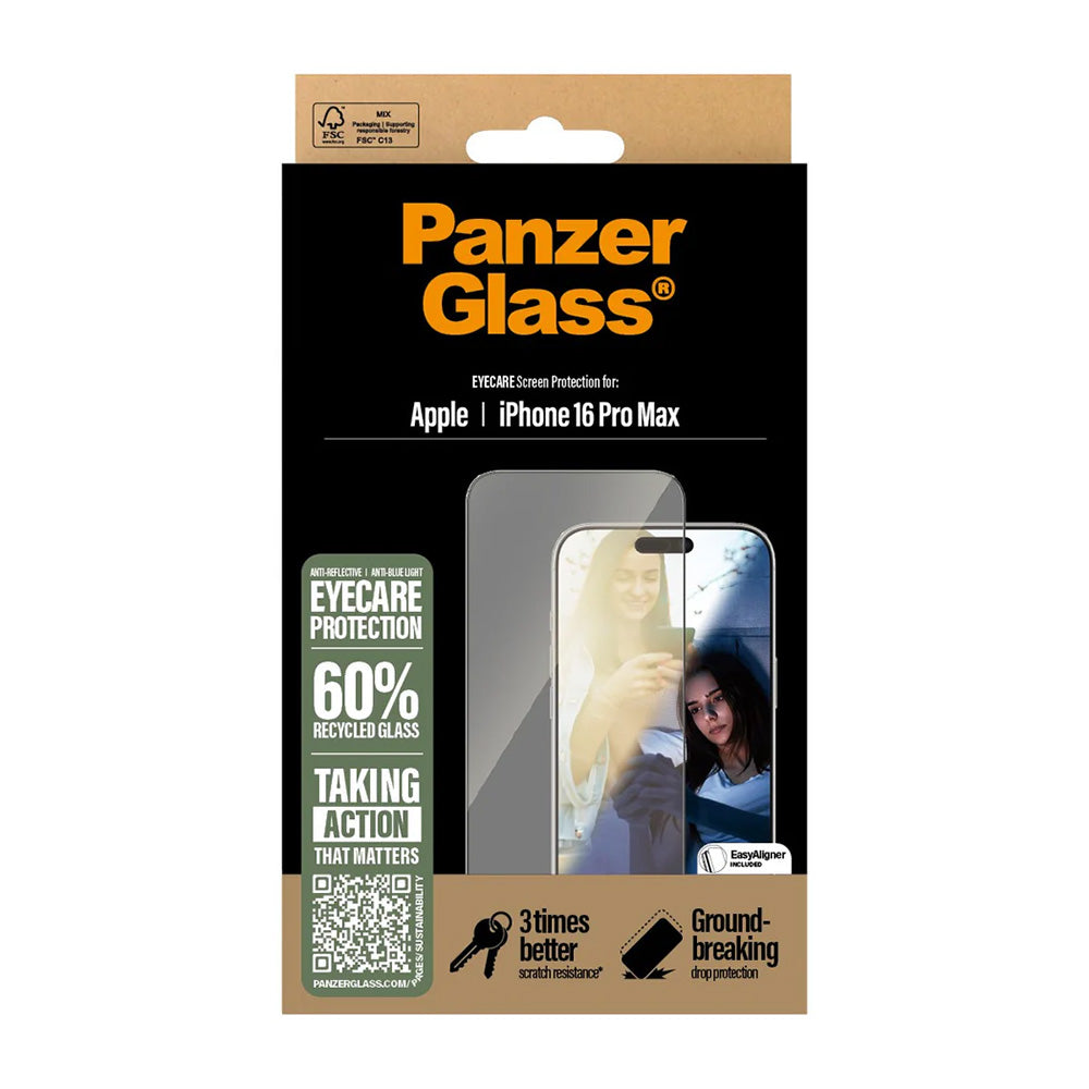 PanzerGlass Ultra-Wide Fit EyeCare -suojakalvo Apple iPhone 16 Pro Maxille, karkaistu lasi, täysliima, musta