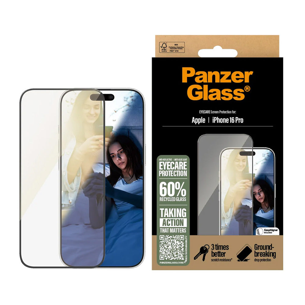 PanzerGlass Ultra-Wide Fit EyeCare -suojakalvo Apple iPhone 16 Prolle, karkaistu lasi, täysliima, musta