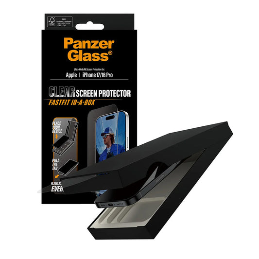 PanzerGlass Ultra-Wide Fit Fastfit -suojakalvo Apple iPhone 17 / 16 Pro -puhelimille, karkaistu lasi, täysliima, musta