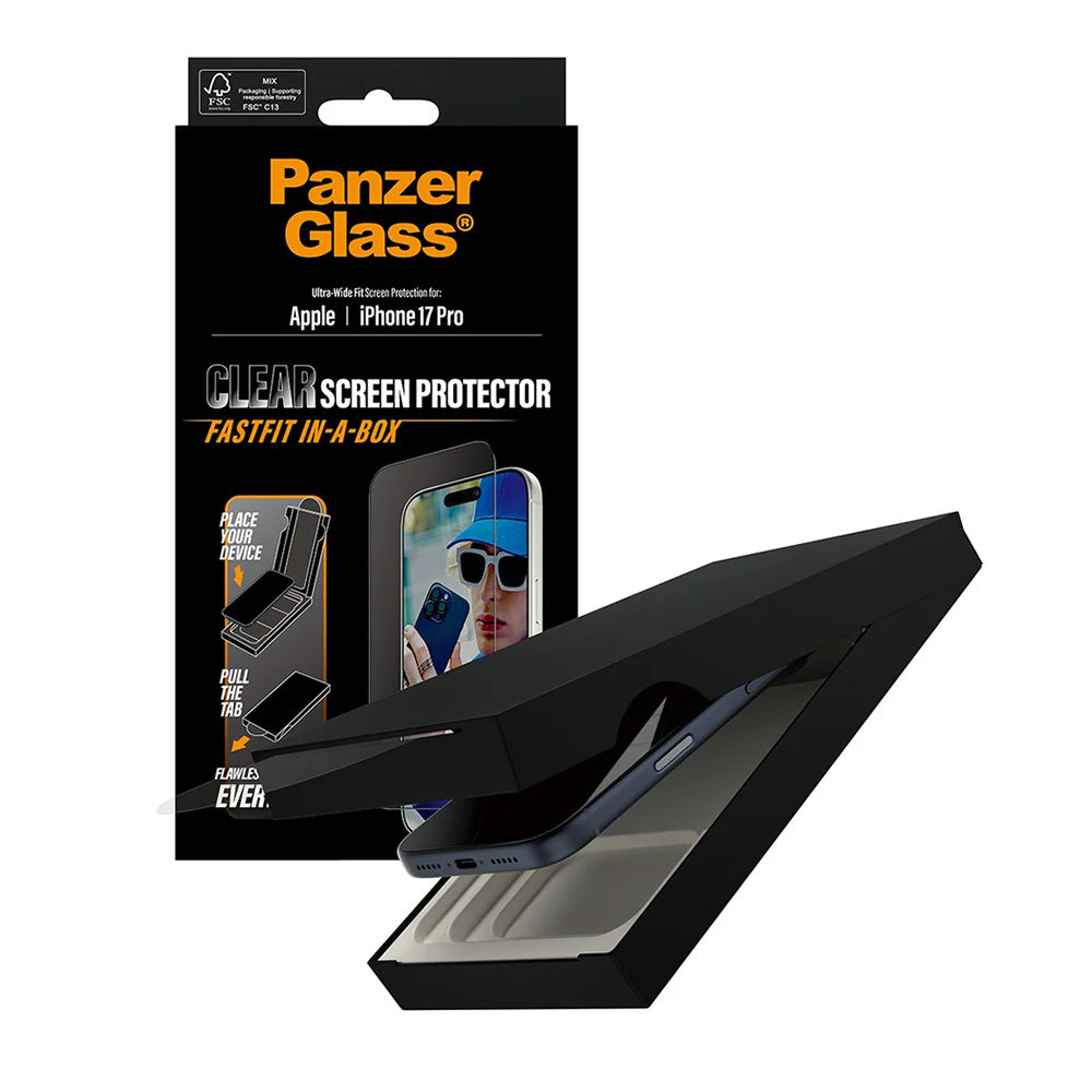 PanzerGlass Ultra-Wide Fit Fastfit -suojakalvo Apple iPhone 17 Prolle, karkaistu lasi, täysliima, musta