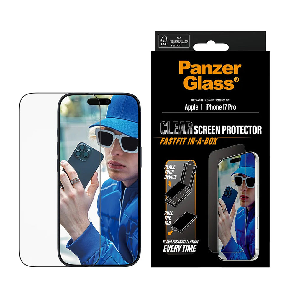 PanzerGlass Ultra-Wide Fit Fastfit -suojakalvo Apple iPhone 17 Prolle, karkaistu lasi, täysliima, musta