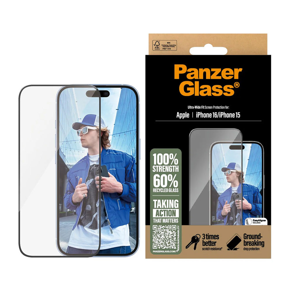 PanzerGlass Ultra-Wide Fit -suojakalvo Apple iPhone 16 / 15 -puhelimille, karkaistu lasi, täysliima, musta