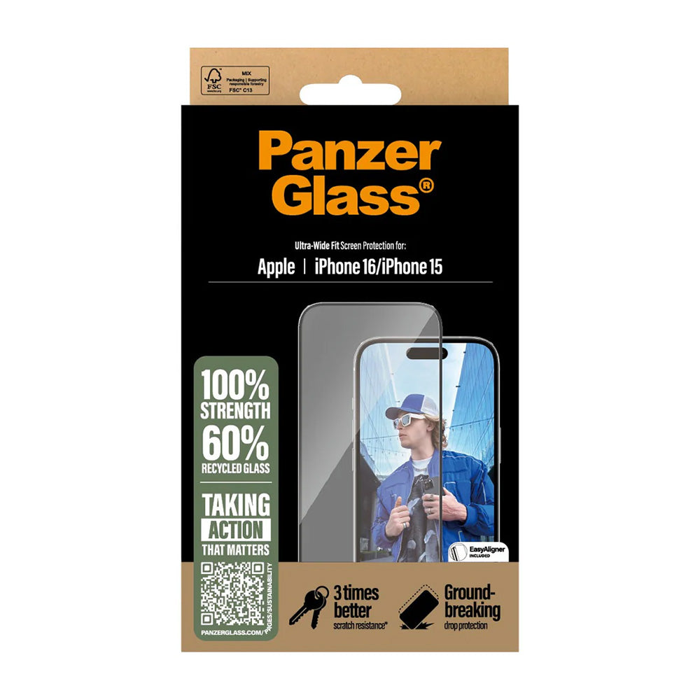 PanzerGlass Ultra-Wide Fit -suojakalvo Apple iPhone 16 / 15 -puhelimille, karkaistu lasi, täysliima, musta
