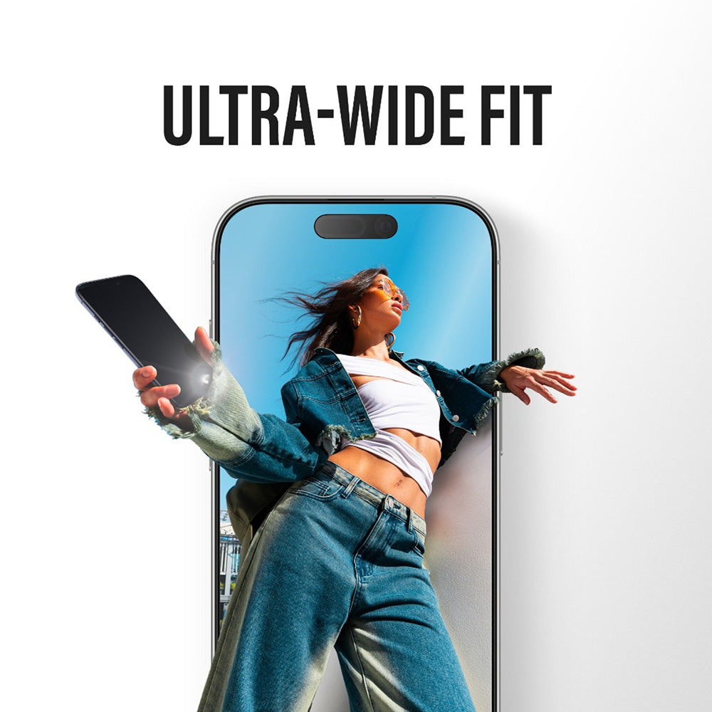 PanzerGlass Ultra-Wide Fit Stealth Fastfit -suojakalvo Apple iPhone 17 / 16 Pro -puhelimille, karkaistu lasi, täysliima, musta
