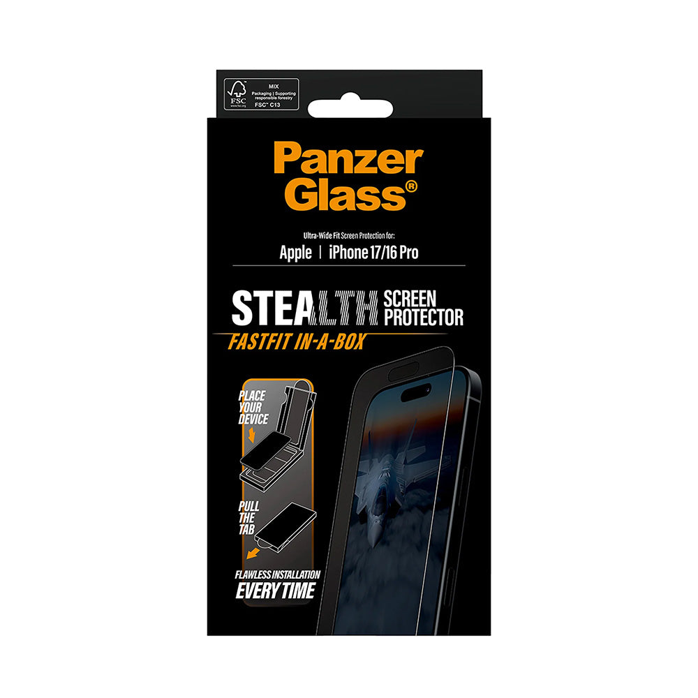 PanzerGlass Ultra-Wide Fit Stealth Fastfit -suojakalvo Apple iPhone 17 / 16 Pro -puhelimille, karkaistu lasi, täysliima, musta