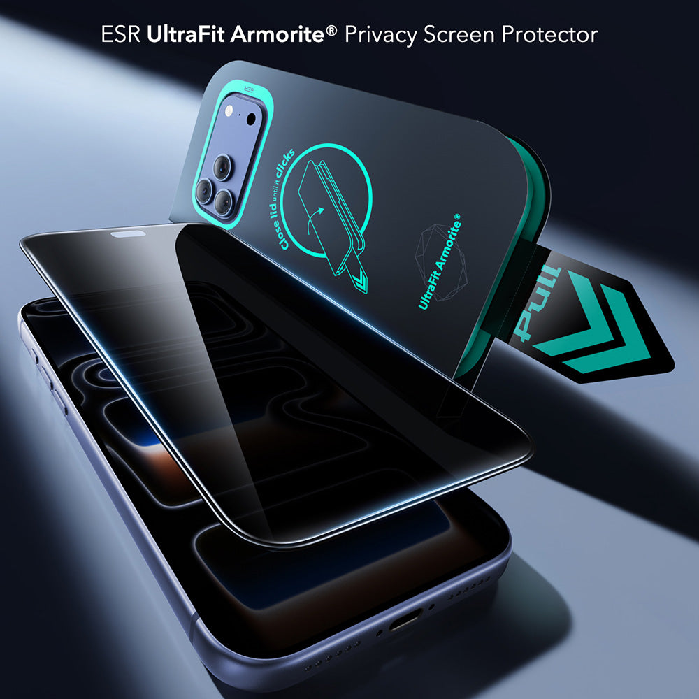 Näytönsuoja Privacy ESR Armorite UltraFit Apple iPhone 18 Pro Maxille, turvalasi, täysiliimainen, 2 kappaleen setti
